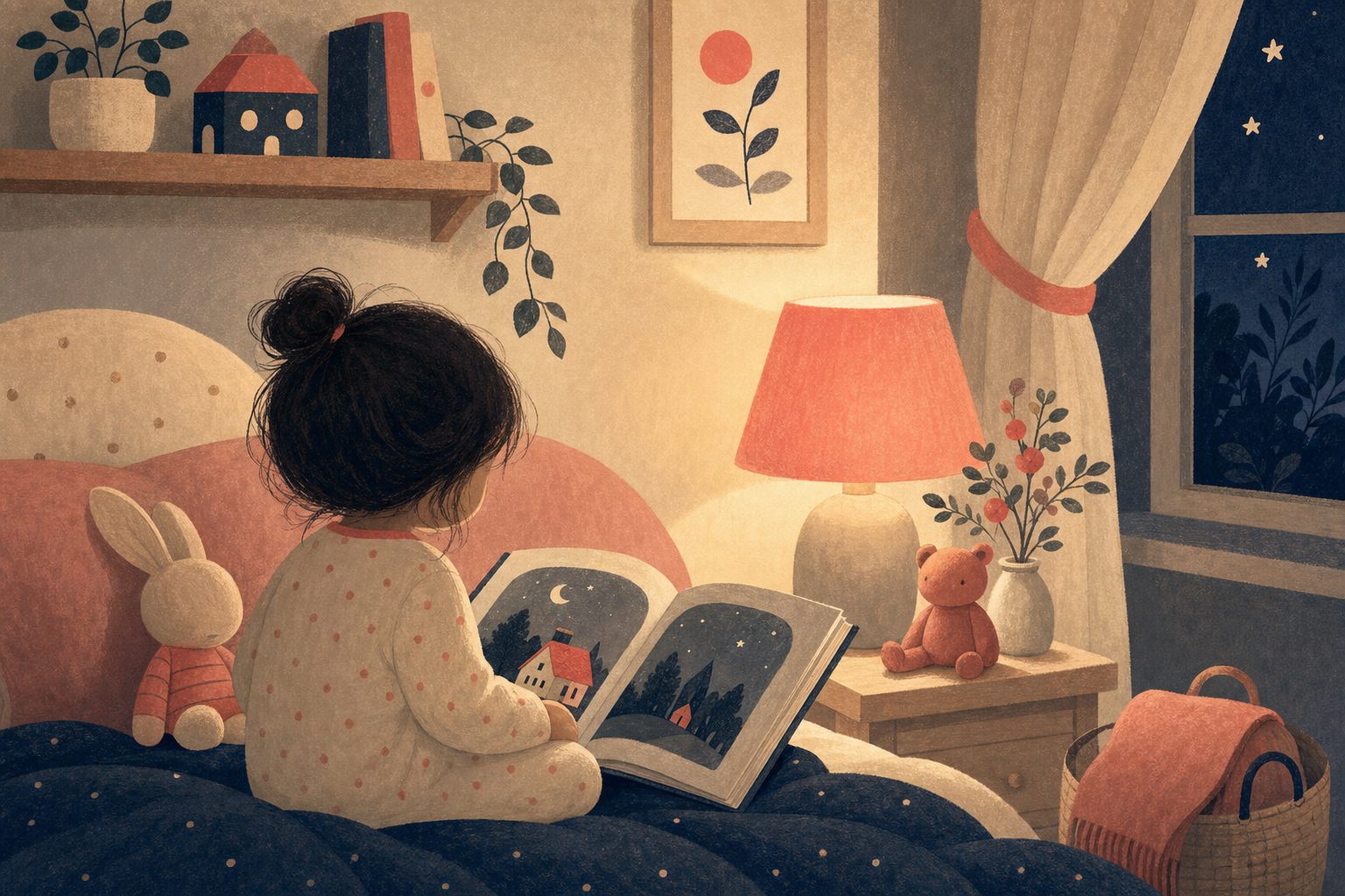 Illustration of a toddler bedtime wind-down with a storybook and lamp glow