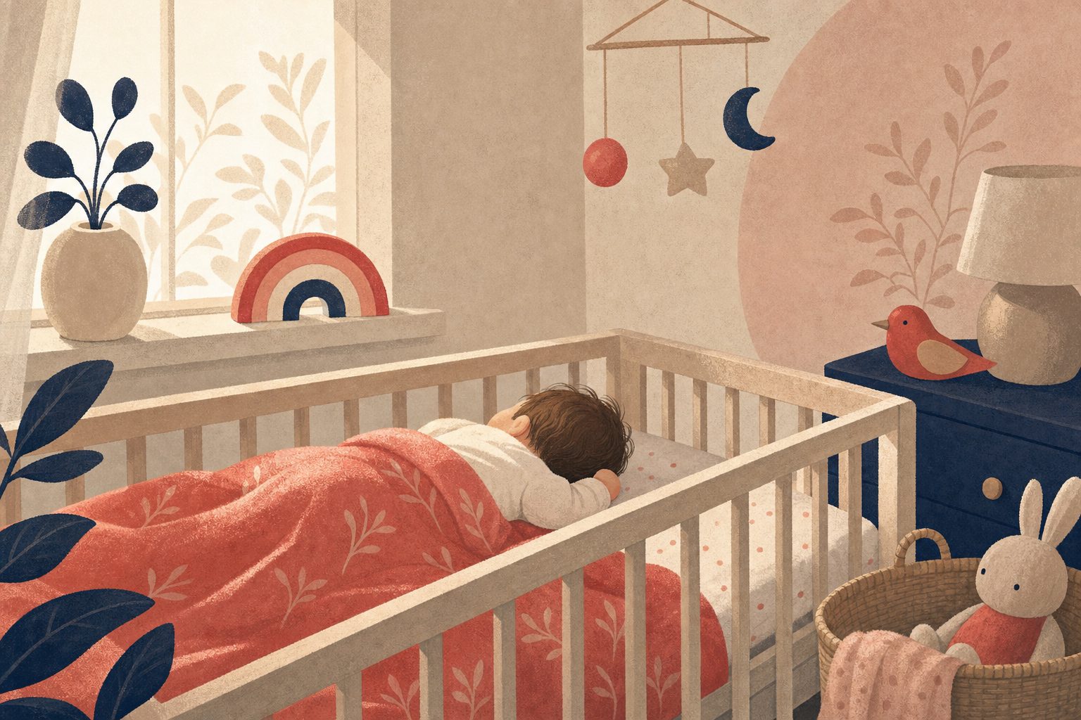 Illustration of a baby napping in a softly lit room