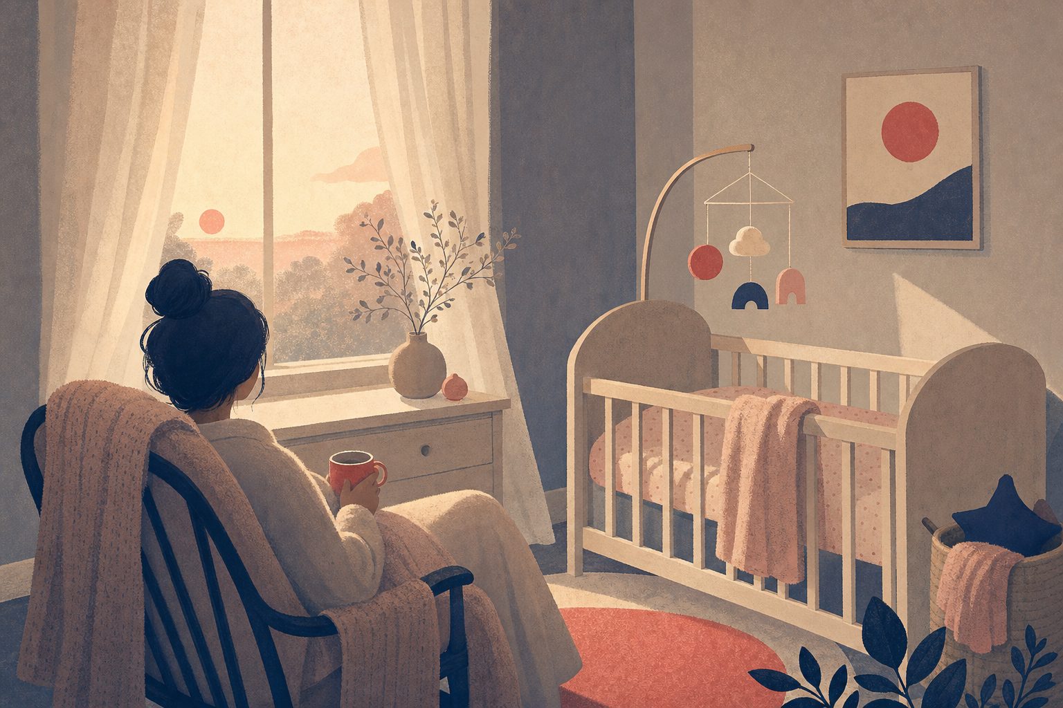 Illustration of a pre-dawn nursery with soft first light and a cot in the corner