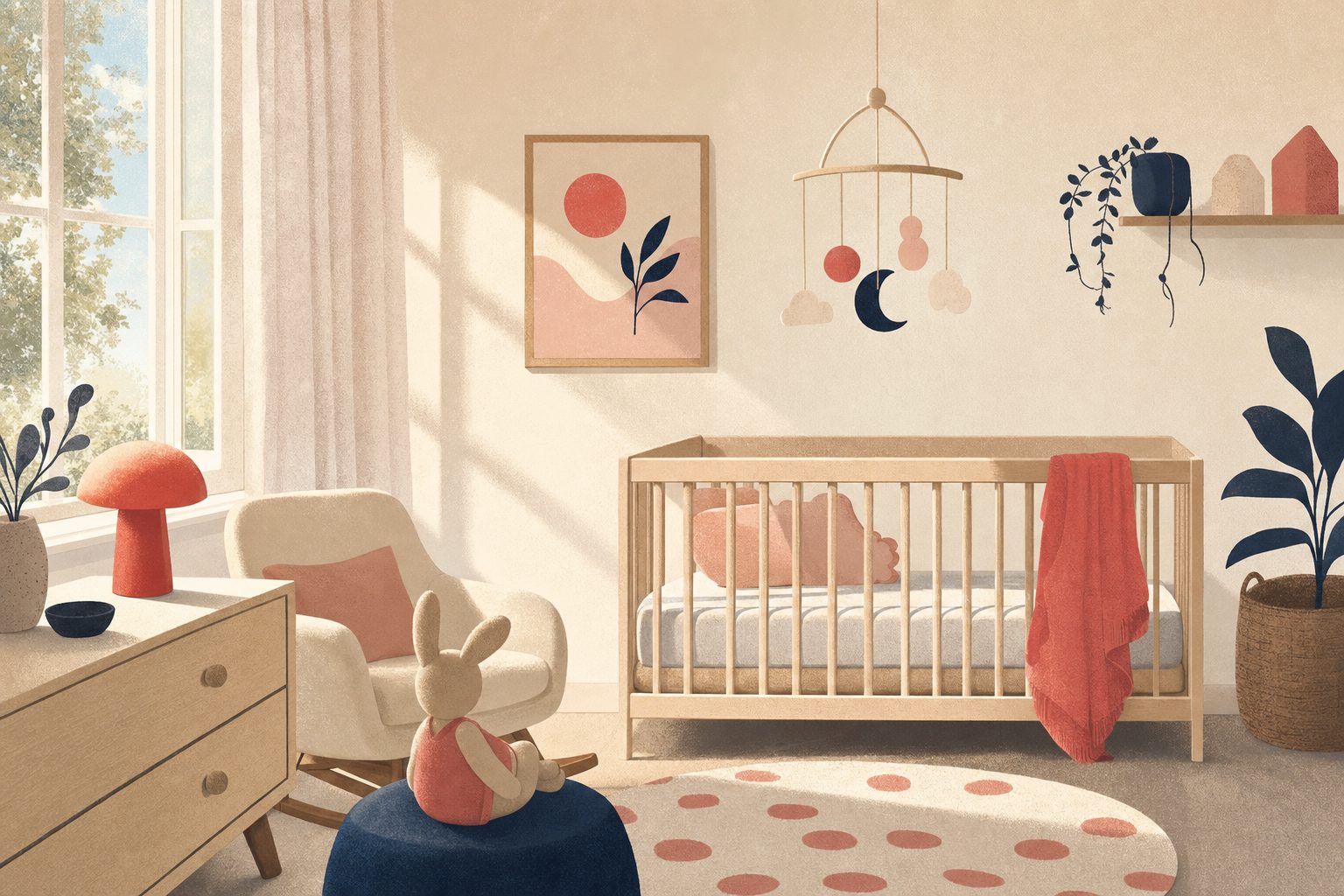 Illustration of a calm nursery at midday with soft daylight over the cot