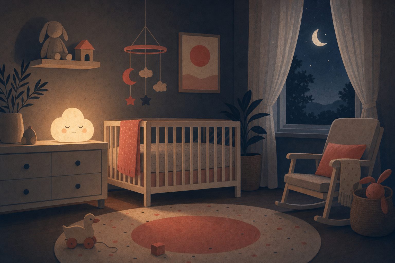 Illustration of a dim nursery at night with a cot and a soft nightlight