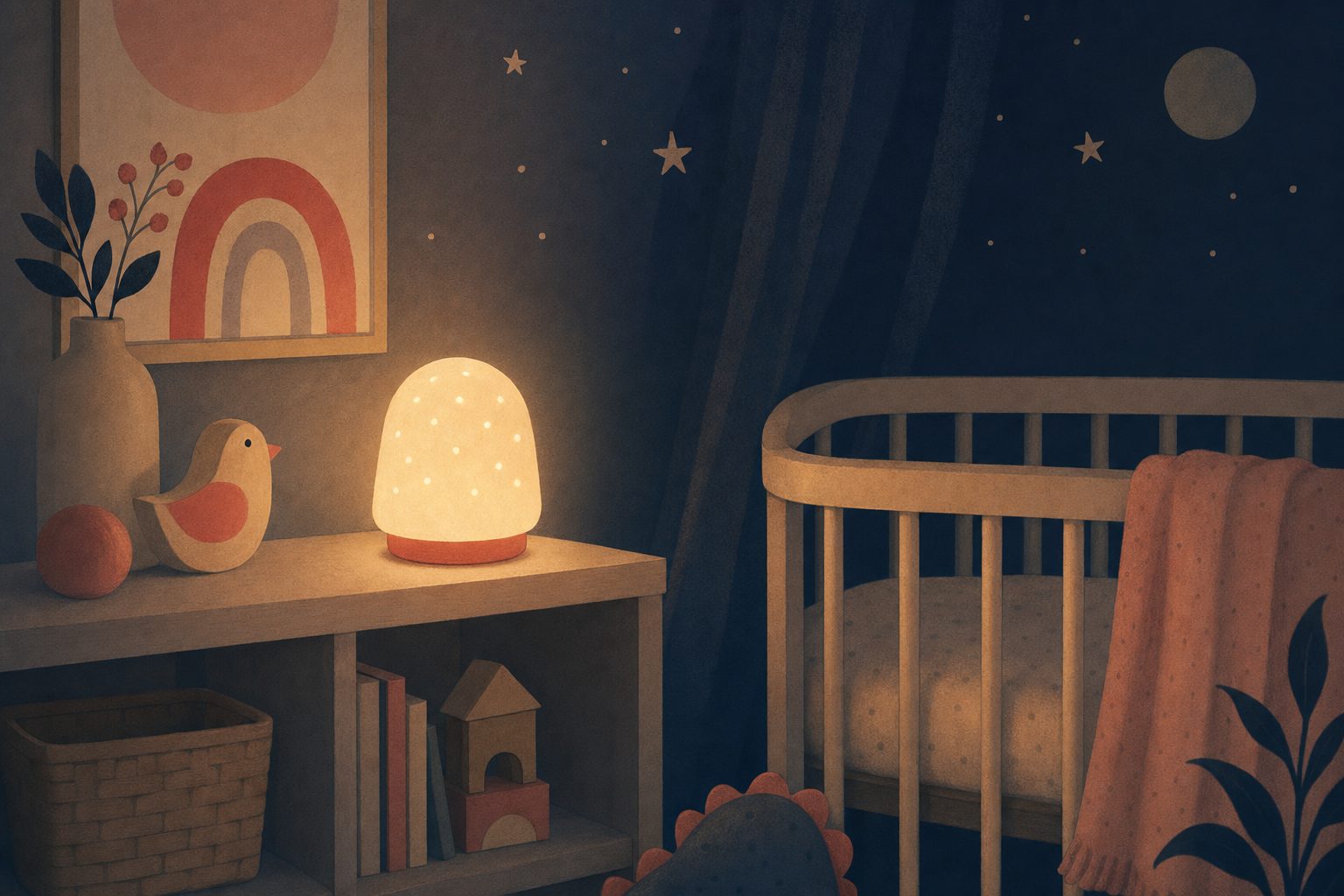 Illustration of a soft nightlight glowing on a shelf beside a cot in a dark nursery