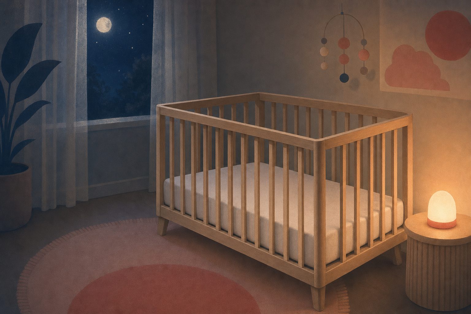 Illustration of a parent gently settling a baby back to sleep at night